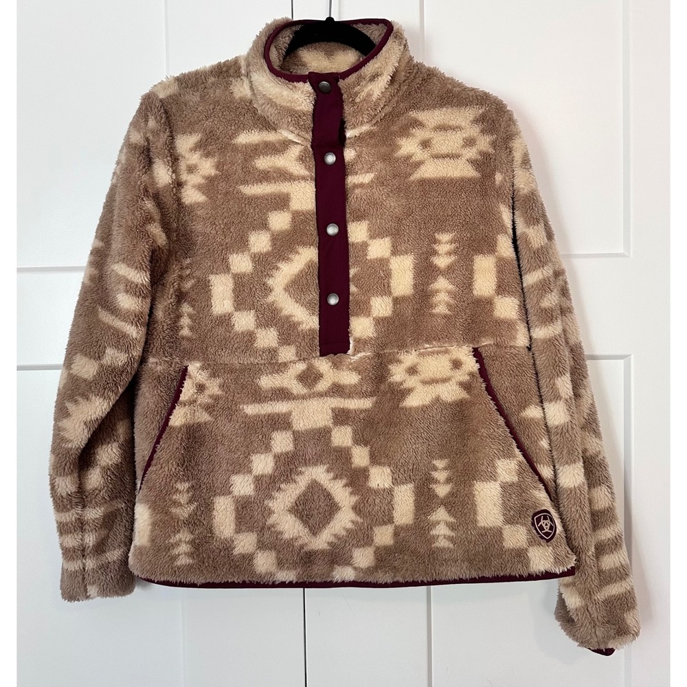 Ariat Berber Snap Front Sweatshirt Southwestern Fleece Pullover Tan Brown Medium